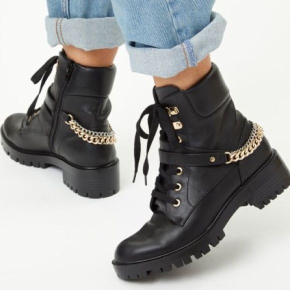 Rachel Zoe Combat Boots with chunky heel and gold & silver chain accents, Black - Picture 1 of 6